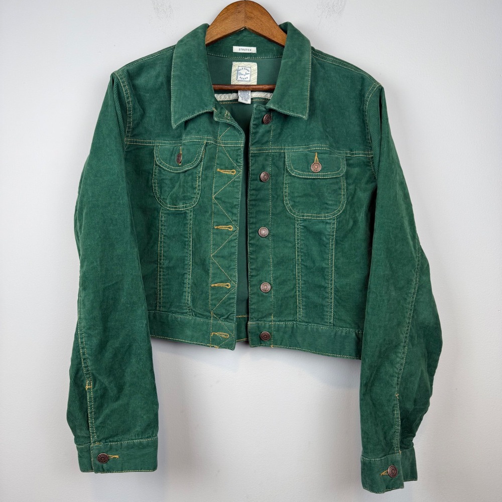 Old Navy Womens VTG Corduroy Trucker Jacket XL Green Stretch Cropped Gorpcore - Picture 2 of 11